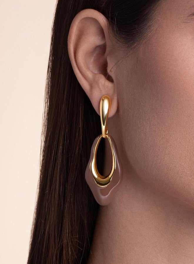 SNGIA Brown Beige Large Long Oval Chunky Dangle Irregular 18K gold plated Enamel Resin Hoops Statement Earrings for Women by SNGIA, Big Bold Tan Drop Handmade Exaggerated Trendy Bohemian Flower Jewelry Gifts, Unique Teardrop Baroque Summer Beach Floral Fashion Earrings Accessories, Vintage Nickle Free Huggies Earrings. - Image 3